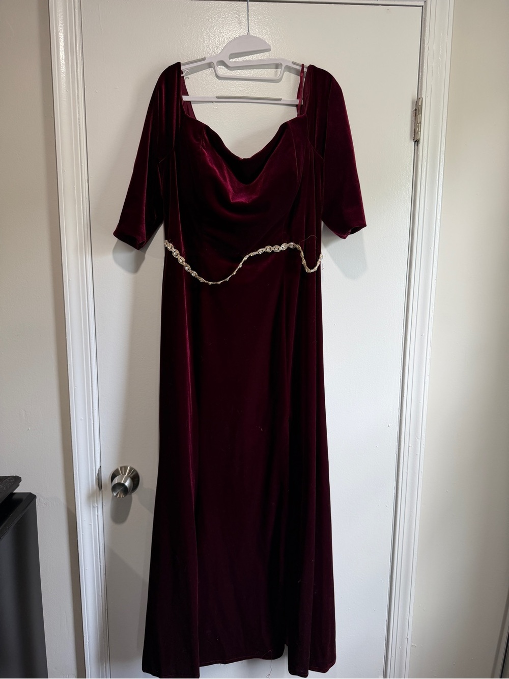 Women's Velvet Off the Shoulder Maxi Dress in Burgundy